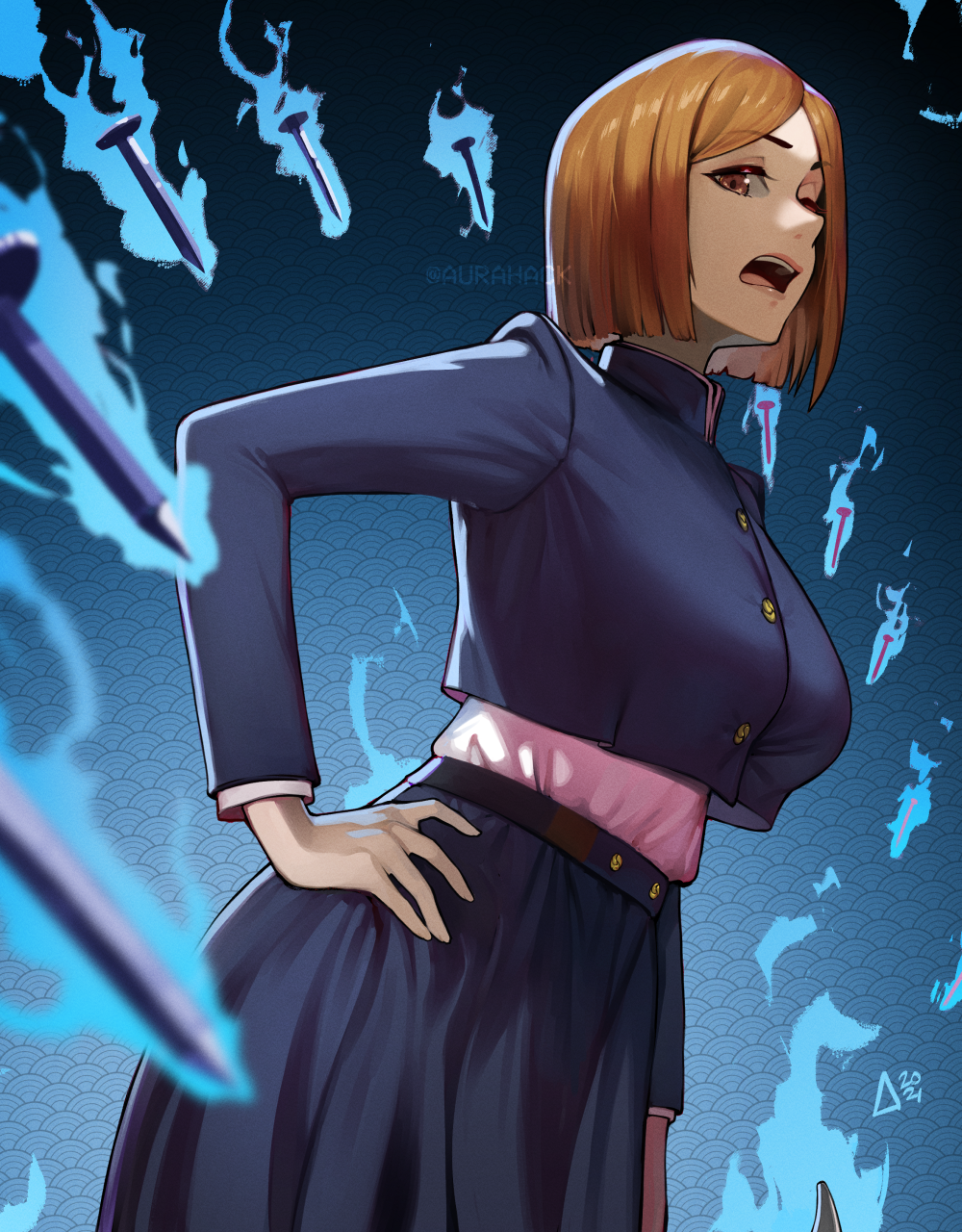 1girl aurahack blue_background breasts brown_eyes brown_hair buttons cropped_jacket curtained_hair floating floating_object gakuran hand_on_hip highres jujutsu_kaisen kugisaki_nobara large_breasts lips long_skirt looking_at_viewer magatama nail open_mouth parted_hair school_uniform seigaiha short_hair skirt solo twitter_username upper_teeth watermark