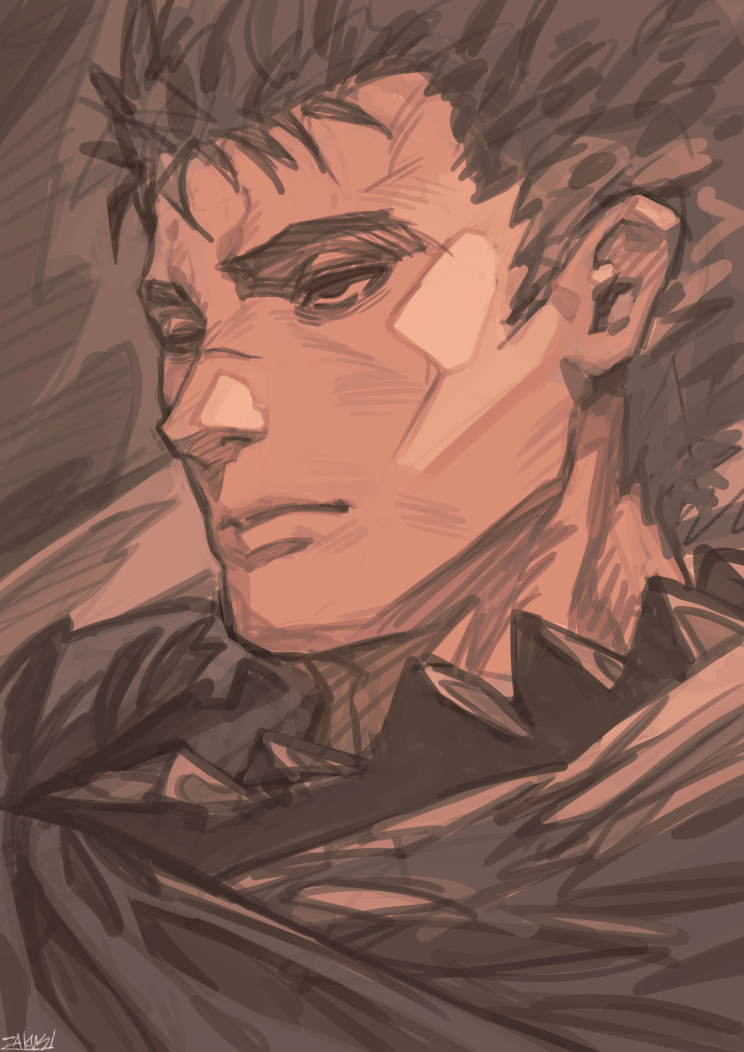 1boy berserk berserker_armor brown_theme closed_mouth commentary english_commentary guts_(berserk) male_focus monochrome one_eye_closed portrait scar scar_on_face scar_on_nose signature solo zakusi