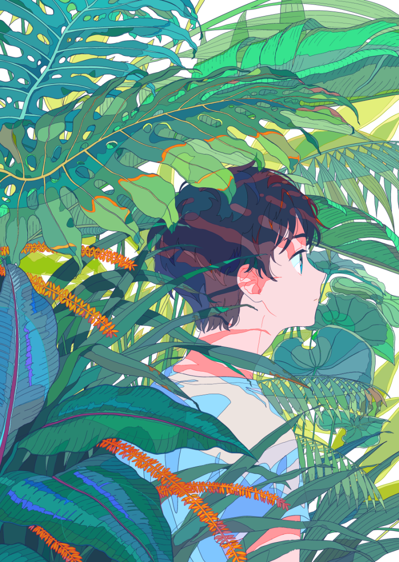 1boy bangs blue_eyes brown_hair closed_mouth commentary forest leaf looking_away looking_to_the_side nature original outdoors plant shadow shirt short_hair short_sleeves solo torutsu upper_body very_short_hair white_shirt