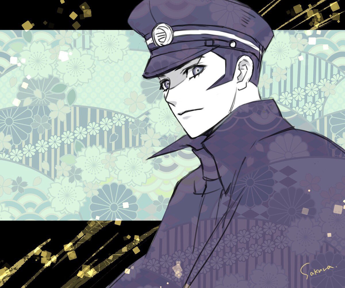 1boy black_cape black_hair black_headwear cape commentary_request devil_summoner hat kuzunoha_raidou looking_at_viewer male_focus patterned_background peaked_cap shin_megami_tensei sideburns signature solo tombsakura upper_body