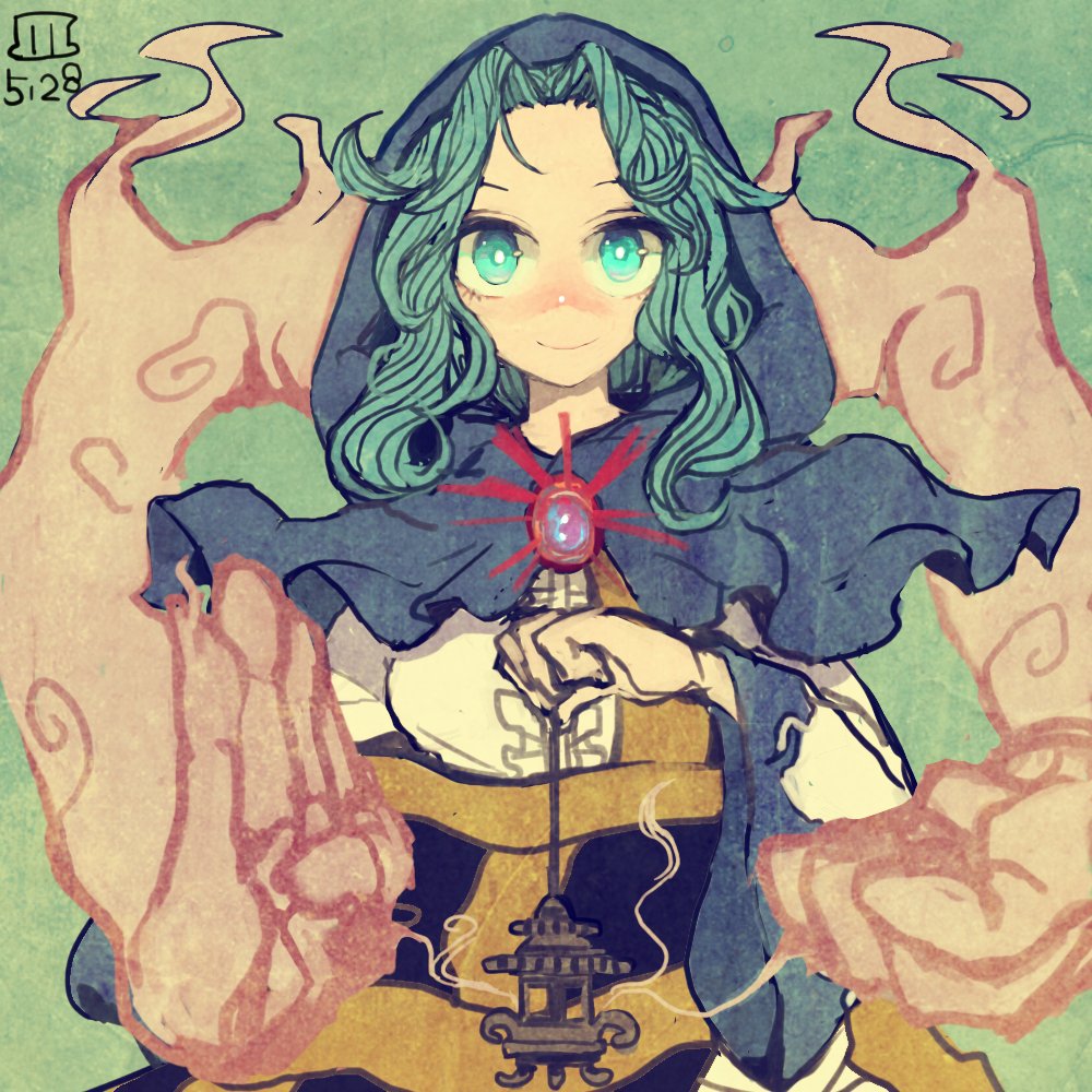 1boy 1girl artist_logo blue_eyes blue_hair bright_pupils brooch clenched_hand commentary_request dated dress green_background holding hood hood_up incense_burner jewelry kesa kumoi_ichirin long_sleeves looking_at_viewer maaru_(akira428) medium_hair one-hour_drawing_challenge touhou unzan upper_body white_dress wide_sleeves