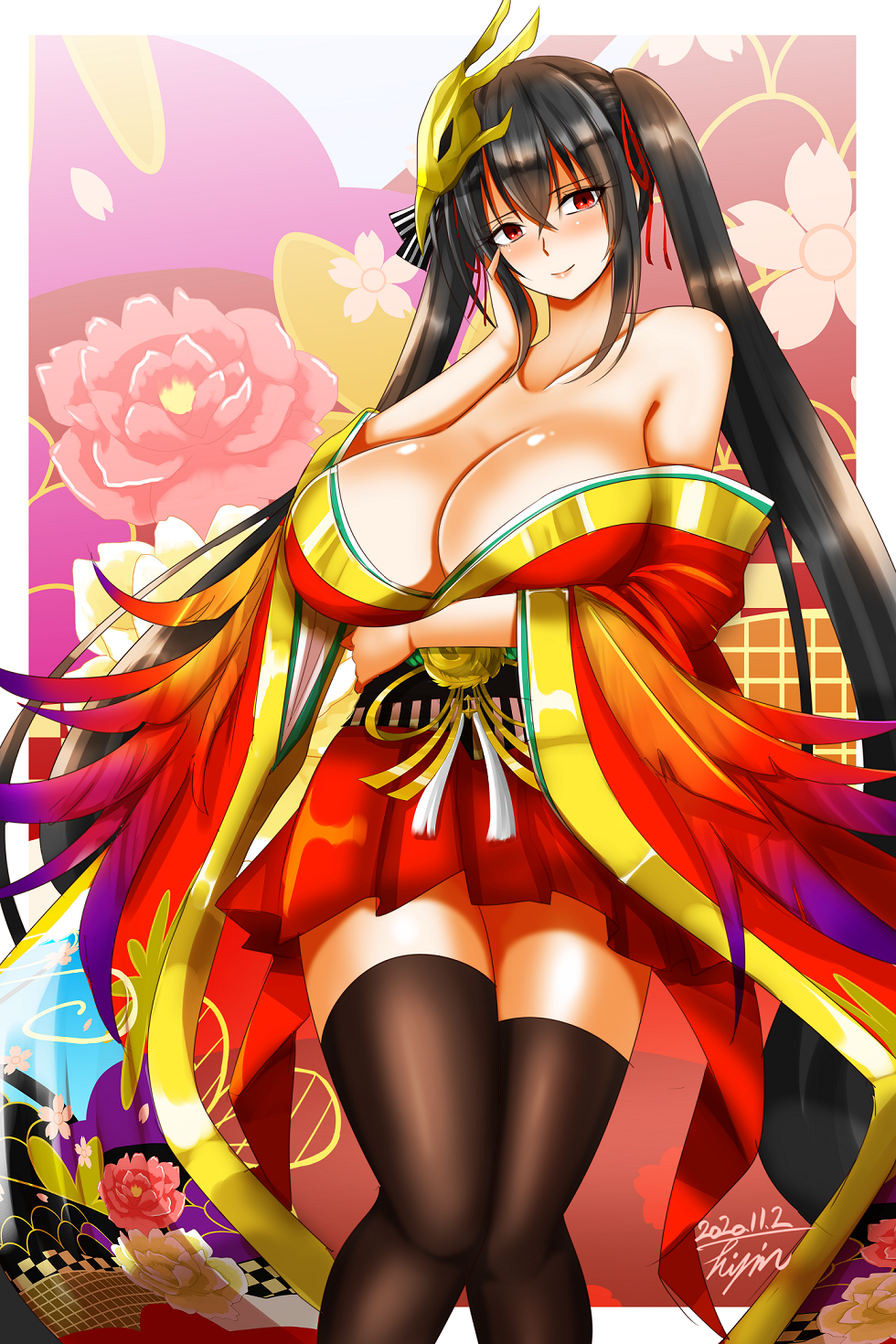 1girl azur_lane bare_shoulders black_hair blush breasts collarbone hand_on_own_face highres hisin japanese_clothes large_breasts long_hair off_shoulder red_eyes solo taihou_(azur_lane) twintails very_long_hair