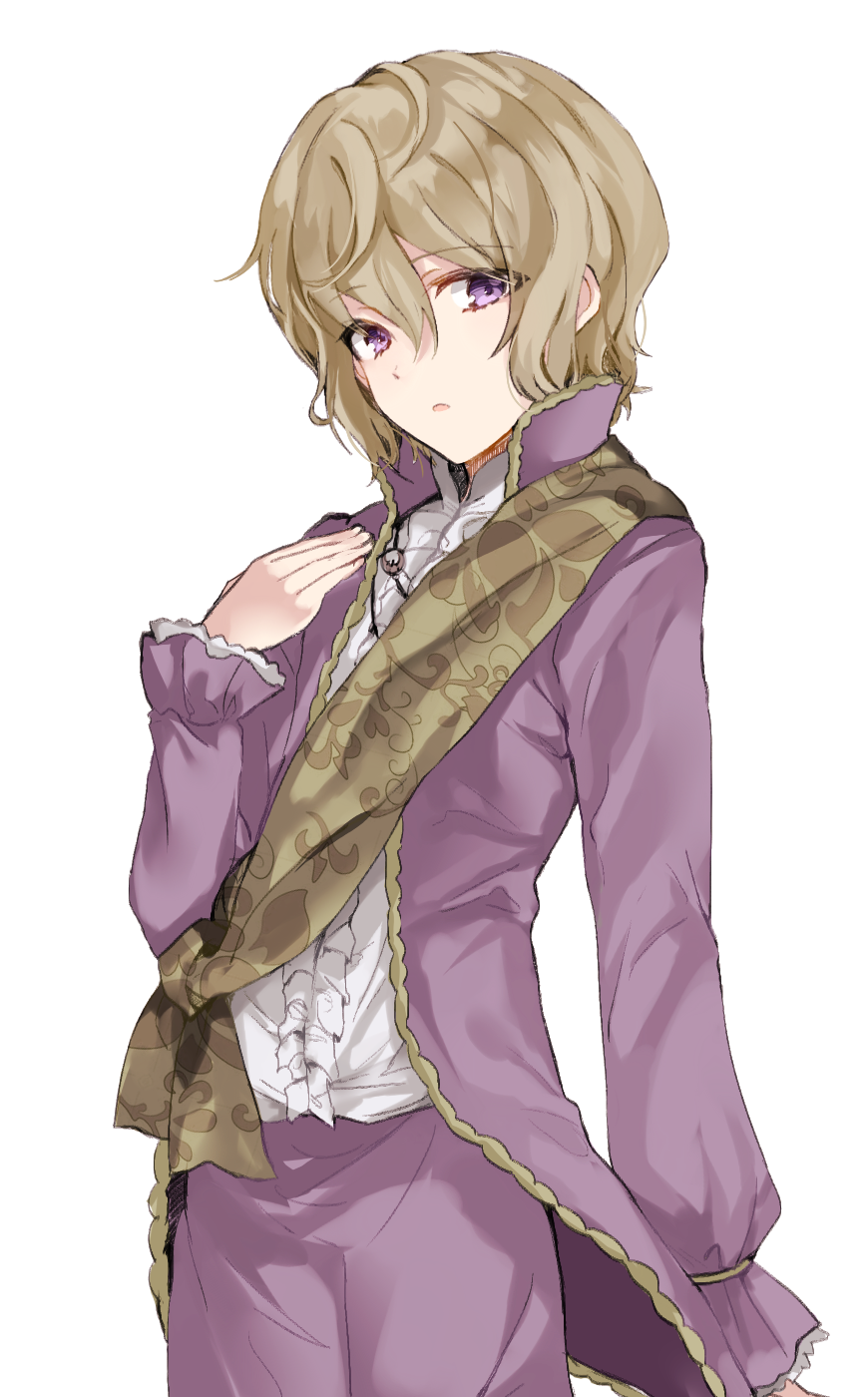 1boy bangs blonde_hair emil_(nier) hair_between_eyes hand_on_own_chest highres jacket long_sleeves male_focus nier nier_(series) open_clothes open_jacket pants parted_lips puffy_pants puffy_sleeves purple_pants retto short_hair solo upper_body violet_eyes white_background