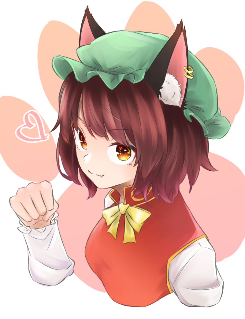 1girl animal_ear_fluff animal_ears bow bowtie breasts brown_eyes brown_hair cat_ears chen cropped_torso dress earrings face fang gunsou1350 hand_up hat heart jewelry looking_at_viewer medium_breasts mob_cap paw_pose red_dress short_hair simple_background skin_fang smile solo touhou upper_body white_background yellow_neckwear