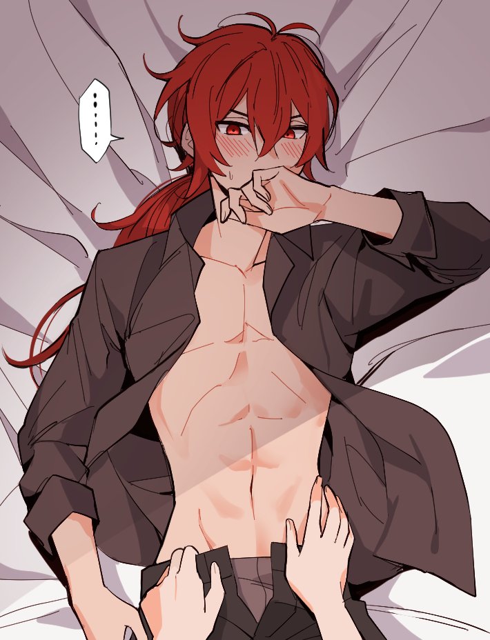 ... 1boy abs bangs bed bed_sheet blush brown_shirt collarbone collared_shirt covering_mouth diluc_ragnvindr embarrassed female_pov genshin_impact lying male_focus on_back on_bed open_clothes open_shirt pov red_eyes redhead rome_romedo shirt solo spoken_ellipsis sweat sweatdrop toned toned_male
