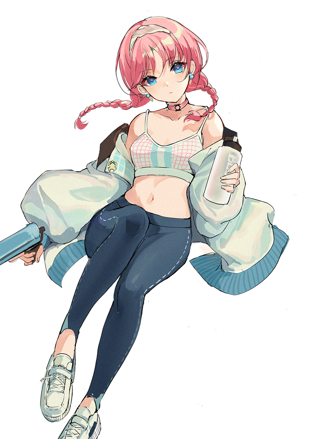 1girl arknights bangs bare_shoulders blue_eyes blue_pants blue_poison_(arknights) blue_poison_(shoal_beat)_(arknights) braid breasts camisole choker crop_top full_body hairband head_tilt highres holding jacket kernel_killer leggings long_hair long_sleeves midriff navel off_shoulder open_clothes open_jacket pants pink_choker pink_hair shoes simple_background small_breasts sneakers solo spaghetti_strap sports_bra stomach twin_braids white_background white_footwear white_hairband