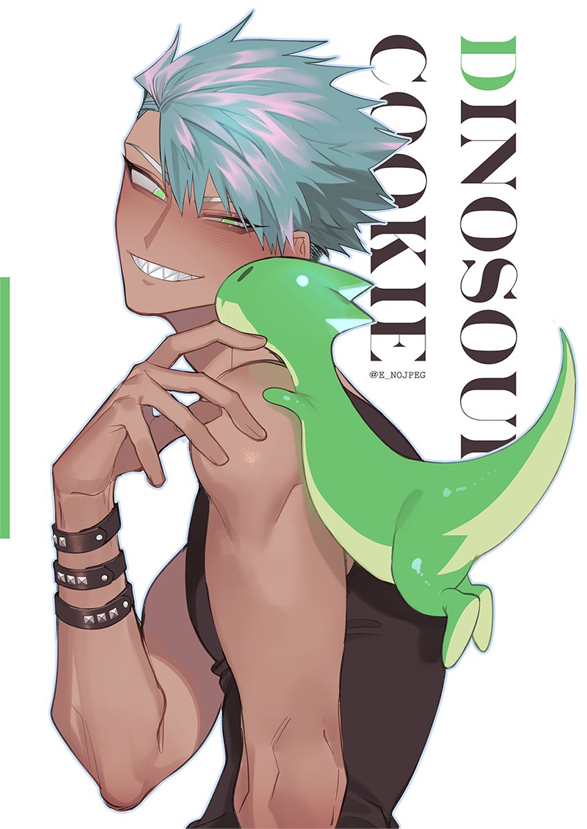 asymmetrical_bangs bangs black_tank_top bracelet character_name cookie_run creature creature_on_shoulder dark-skinned_male dark_skin dino-sour_cookie dotsuco green_eyes grin hand_up highres jewelry light_blue_hair male_focus mismatched_eyebrows on_shoulder sharp_teeth short_hair smile spiked_bracelet spikes spiky_hair tank_top teeth toned toned_male tsurime undercut uneven_eyes upper_body