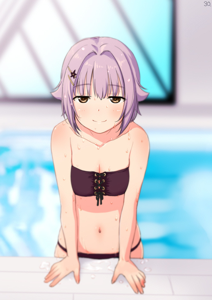 1girl bikini blurry brown_eyes depth_of_field eyebrows_visible_through_hair hair_intakes hair_ornament hairclip idolmaster idolmaster_cinderella_girls indoors koshimizu_sachiko looking_at_viewer navel pink_hair rei_no_pool sakaki_imasato short_hair solo strapless strapless_bikini swimsuit wet