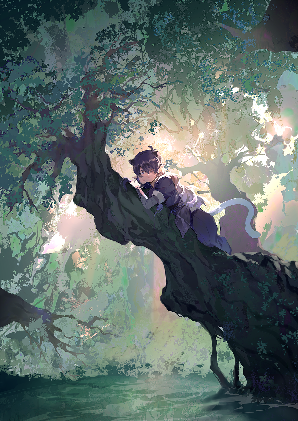 1boy branch ears fengxi_(the_legend_of_luoxiaohei) highres kero77 leaf long_hair looking_at_viewer nature outdoors purple_hair shadow solo tail the_legend_of_luo_xiaohei wide_shot