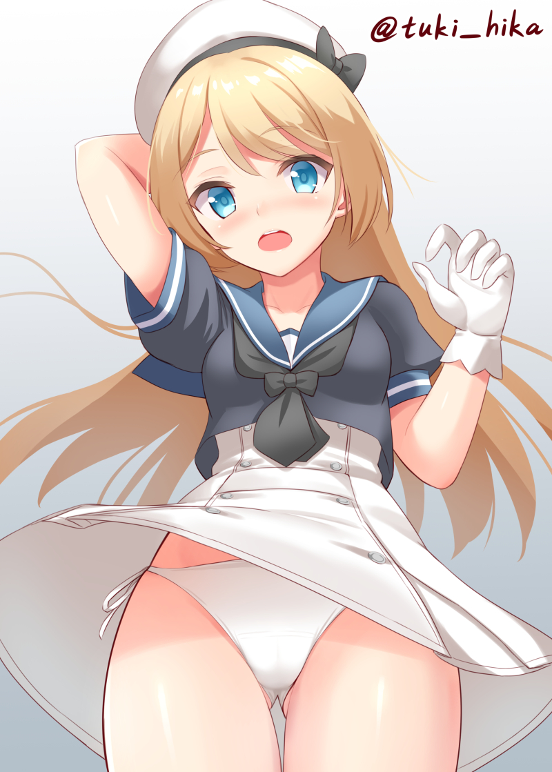 ass_visible_through_thighs blonde_hair blue_eyes blue_sailor_collar clothes_lift cowboy_shot dress dress_lift facing_viewer from_below gloves gradient gradient_background grey_background hat jervis_(kancolle) kantai_collection long_hair panties sailor_collar sailor_dress sailor_hat side-tie_panties tokyo_yamane underwear white_background white_dress white_gloves white_headwear white_panties wind wind_lift