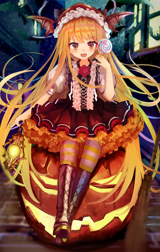 1girl :d animal bamboo_broom bangs bat bat_wings blonde_hair blurry blurry_background boots bow broom brown_bow brown_footwear brown_skirt brown_vest building candy commentary_request cross-laced_footwear depth_of_field eyebrows_visible_through_hair fang fingernails flower food frills full_body glowing granblue_fantasy halloween hand_up head_tilt head_wings high_heel_boots high_heels holding holding_candy holding_food holding_lantern holding_lollipop jack-o'-lantern lace-up_boots lantern lollipop long_hair marisayaka nail_polish night open_mouth outdoors pantyhose petticoat pleated_skirt pointy_ears puffy_short_sleeves puffy_sleeves red_eyes red_flower red_nails red_rose red_wings revision rose shingeki_no_bahamut shirt short_sleeves sitting skirt smile solo striped striped_legwear swirl_lollipop vampy very_long_hair vest white_shirt window wings