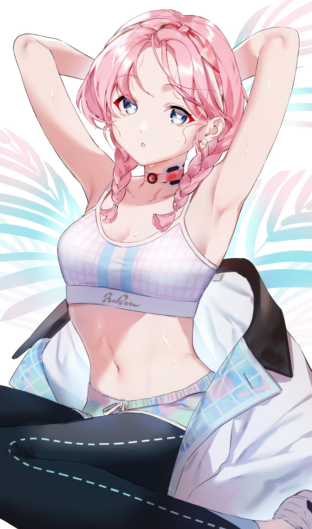 1girl arknights armpits arms_behind_head bangs black_pants blue_eyes blue_poison_(arknights) blue_poison_(shoal_beat)_(arknights) braid choker eyebrows_visible_through_hair highres ichibi jacket jacket_removed long_hair looking_at_viewer navel pants pink_choker pink_hair shoes solo sports_bra stomach sweat twin_braids white_footwear white_jacket