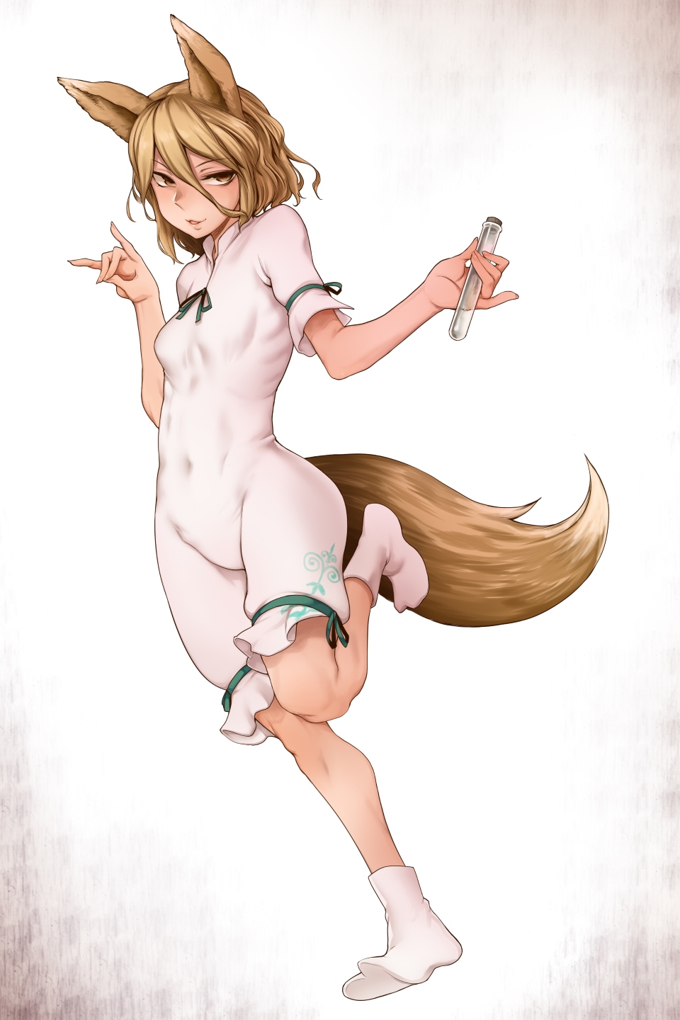 1girl :3 animal_ears blonde_hair blush breasts covered_navel fox_ears fox_shadow_puppet fox_tail full_body hair_between_eyes highres holding_test_tube jumpsuit kudamaki_tsukasa looking_at_viewer romper simple_background small_breasts solo standing standing_on_one_leg tail toritora touhou vial white_background white_jumpsuit yellow_eyes