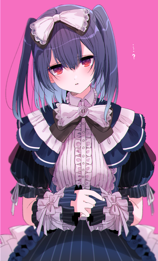 ... 1girl ? bangs black_bow black_hair blue_bow blue_dress bow commentary_request dress eyebrows_visible_through_hair gothic_lolita hair_between_eyes hair_bow head_tilt idolmaster idolmaster_shiny_colors lace_trim lolita_fashion looking_at_viewer medium_hair morino_rinze parted_lips pink_background pinstripe_dress pinstripe_pattern red_eyes ribbon ribbon-trimmed_sleeves ribbon_trim shiny shiny_hair short_sleeves shotan sidelocks simple_background solo striped two_side_up white_bow white_ribbon wrist_cuffs