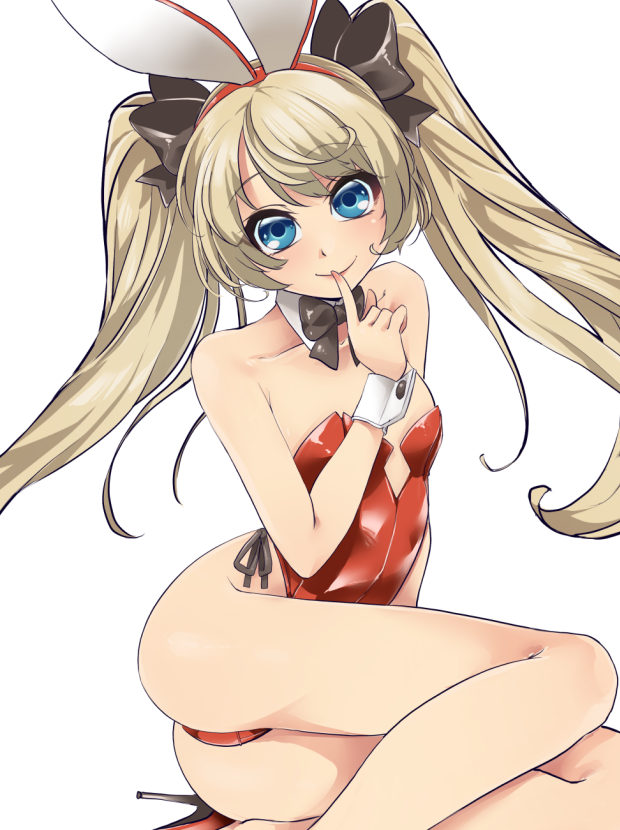 1girl animal_ears black_neckwear black_ribbon blonde_hair blue_eyes bow bowtie breasts collarbone commentary_request detached_collar finger_to_mouth hair_ribbon leotard long_hair looking_at_viewer original playboy_bunny rabbit_ears red_leotard ribbon simple_background sitting small_breasts solo twintails uzuki_kosuke white_background wrist_cuffs yokozuwari