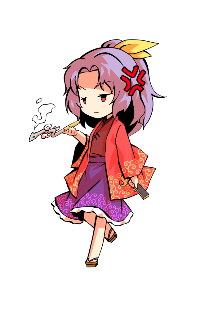 1girl annoyed brown_footwear closed_mouth dairi eyebrows_visible_through_hair fan hair_ribbon hand_up holding holding_fan japanese_clothes kimono komakusa_sannyo medium_hair multicolored multicolored_clothes ponytail purple_hair red_eyes ribbon simple_background solo standing tachi-e touhou white_background yellow_ribbon