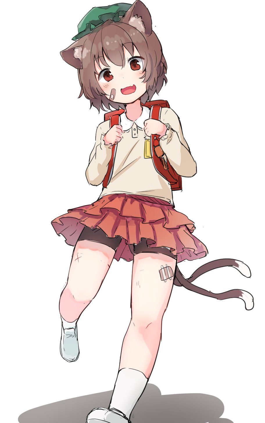 1girl :d animal_ear_fluff animal_ears backpack bag blush brown_eyes brown_hair cat_ears cat_tail chen fang flat_chest full_body hat highres looking_at_viewer mamemochi mob_cap multiple_tails nekomata open_mouth pink_skirt pleated_skirt randoseru short_hair shorts simple_background skin_fang skirt smile solo tail touhou two_tails walking white_background
