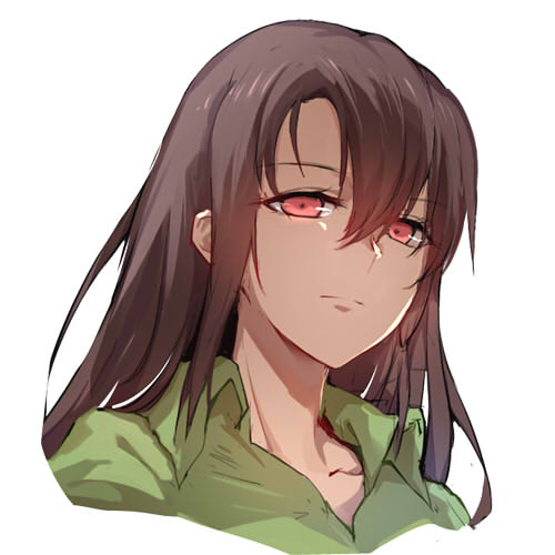 1girl bangs brown_hair chilunchilun chinese_commentary collared_shirt commentary_request girls_frontline green_shirt hair_between_eyes long_hair looking_at_viewer lowres open_collar portrait red_eyes shirt solo type_64_(girls_frontline) white_background