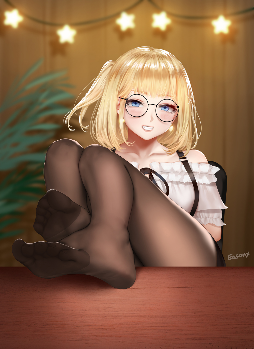 1girl bare_shoulders blonde_hair blue_eyes blurry blurry_background blush brown_legwear collarbone desk dress earrings easonx feet feet_up glasses grin highres hololive hololive_english jewelry legs_on_table looking_at_viewer medium_hair overall_skirt pantyhose side_ponytail signature smile thick_thighs thighs toes tsurime virtual_youtuber watson_amelia