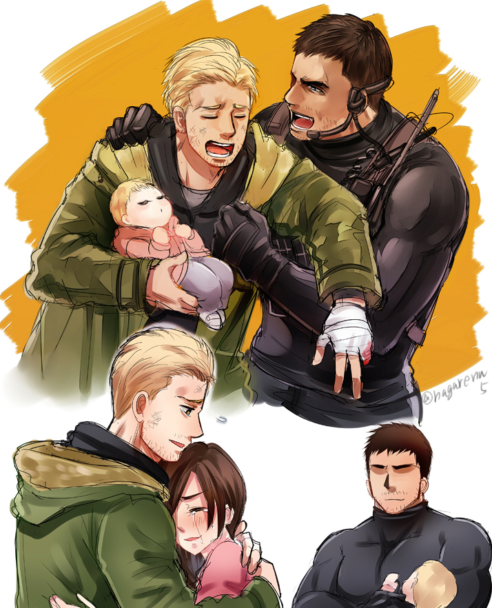 2boys 2girls baby beard blonde_hair brown_hair chris_redfield ethan_winters facial_hair father_and_daughter hug jacket male_focus mia_winters mother_and_daughter multiple_boys multiple_girls nagare resident_evil resident_evil_7 resident_evil_village rosemary_winters short_hair tears