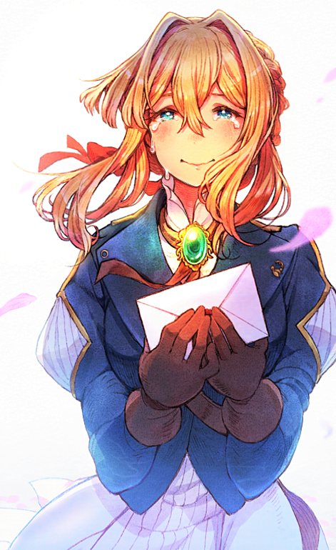 1girl bangs blonde_hair blue_eyes blue_jacket braid brooch closed_mouth crying crying_with_eyes_open dress eyebrows_visible_through_hair gloves hair_between_eyes hair_intakes hair_ribbon holding holding_letter jacket jewelry letter long_hair long_sleeves looking_at_viewer mozuku_(mozuuru0323) puffy_sleeves red_ribbon ribbon solo streaming_tears tearing_up tears violet_evergarden violet_evergarden_(character) white_neckwear