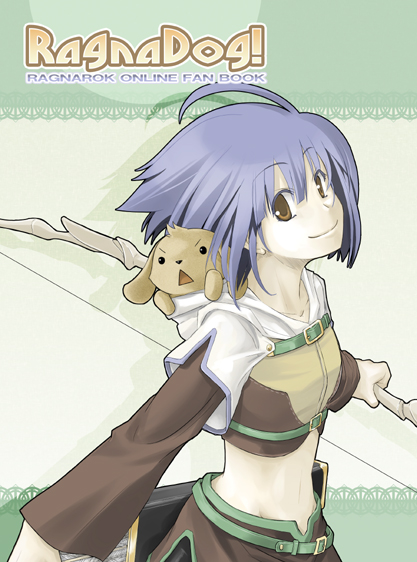 1girl animal animal_in_clothes bangs black_shorts blue_hair bow_(weapon) brown_eyes brown_shirt brown_skirt closed_mouth comiket_77 commentary_request cover cover_page crop_top dog doujin_cover eyebrows_visible_through_hair hair_between_eyes holding holding_bow_(weapon) holding_weapon hunter_(ragnarok_online) jacket layered_sleeves long_sleeves looking_at_viewer midriff miniskirt navel ragnarok_online shirt short_hair short_over_long_sleeves short_sleeves shorts shorts_under_skirt skirt smile solo triangle_mouth upper_body weapon white_jacket yuuki_tokito