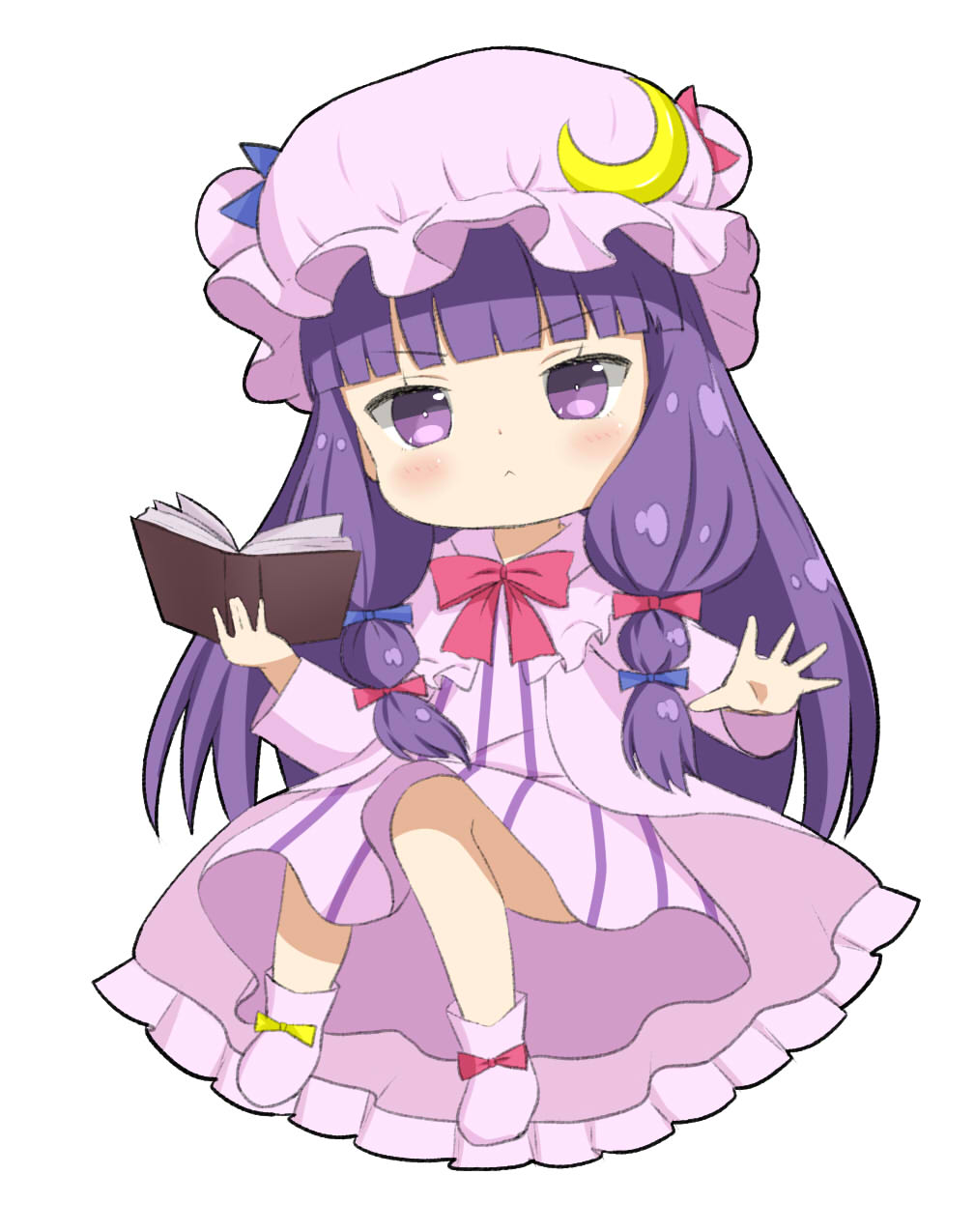 1girl :&lt; \||/ bangs blunt_bangs blush book chibi crescent crescent_hat_ornament crys_(dai) dress foreshortening full_body hat hat_ornament highres holding holding_book long_hair mob_cap open_book patchouli_knowledge pink_dress purple_hair simple_background solo touhou v-shaped_eyebrows very_long_hair violet_eyes white_background