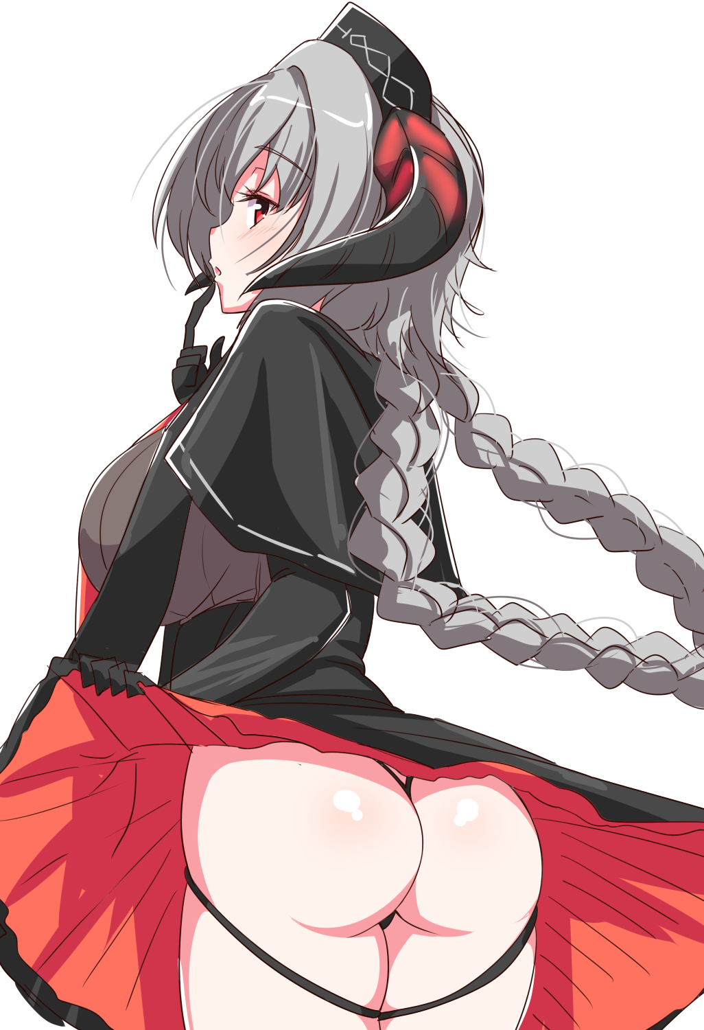 1girl ass azur_lane black_capelet black_dress black_gloves black_headwear black_panties blush braid breasts capelet clothes_lift commentary cowboy_shot demon_horns dress dress_lift eyebrows_visible_through_hair eyelashes from_behind garukichi gloves hat highres horns large_breasts lifted_by_self long_hair looking_at_viewer looking_back nurnberg_(azur_lane) open_mouth panties red_eyes silver_hair simple_background solo thighs thong twin_braids twintails underwear white_background