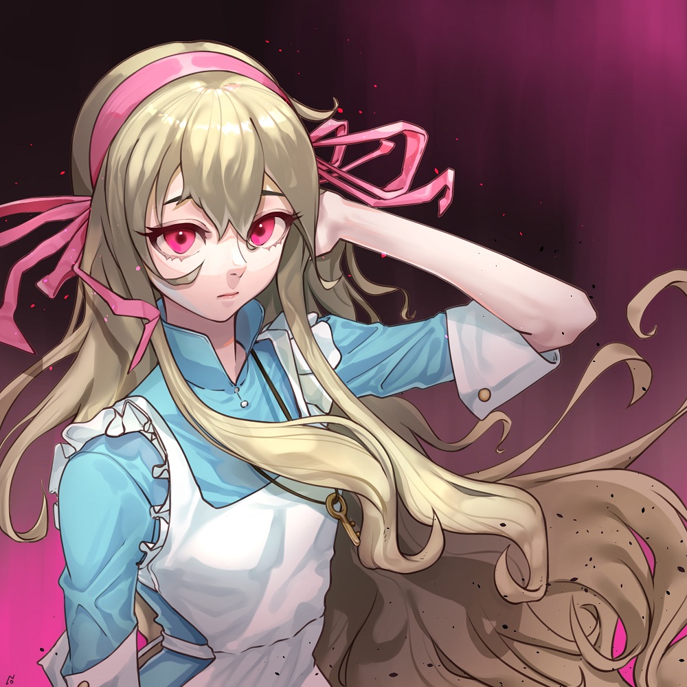 1girl apron blonde_hair blue_dress curly_hair dress frilled_apron frills hair_between_eyes hairband hand_on_own_head kagerou_project key_necklace kozakura_marry long_hair pengpeng_dohyung pink_eyes pink_hairband pink_ribbon red_eyes ribbon solo upper_body very_long_hair white_apron