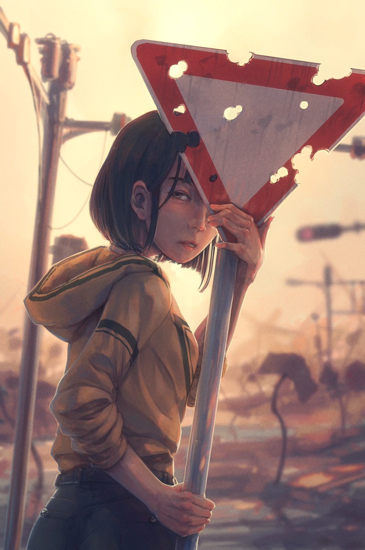1girl belt blurry blurry_background brown_eyes brown_hair bullet_hole half-closed_eyes holding holding_sign hood hood_down hoodie looking_at_viewer original outdoors parted_lips post-apocalypse red_lips short_hair sign solo traffic_light utility_pole yellow_hoodie zeniyan