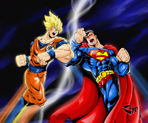 alien crossover dc_comics dragonball dragonball_z epic kryptonian motion_blur muscle s_shield son_goku super_saiyan superman