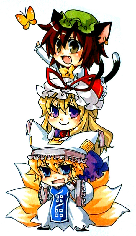 3girls bad_id blonde_hair blue_eyes brown_eyes brown_hair butterfly carrying cat_ears cat_tail chen chibi earrings fang fox_tail hat hat_ribbon human_tower jewelry kuronohana long_hair multiple_tails purple_eyes ribbon short_hair shoulder_carry smile stacking tail touhou yakumo_ran yakumo_yukari