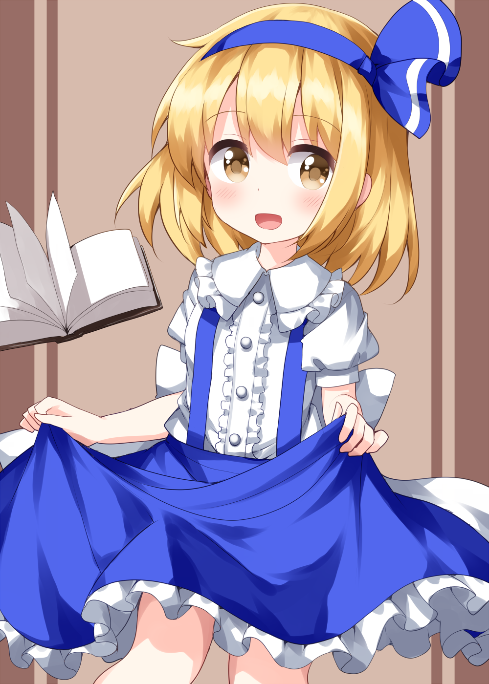 1girl :d alice_margatroid alice_margatroid_(pc-98) bangs blonde_hair blue_hairband book brown_background cowboy_shot eyebrows_visible_through_hair hairband highres holding holding_clothes holding_skirt looking_at_viewer open_book open_mouth puffy_short_sleeves puffy_sleeves ruu_(tksymkw) shirt short_hair short_sleeves skirt smile solo standing suspenders touhou touhou_(pc-98) white_shirt yellow_eyes