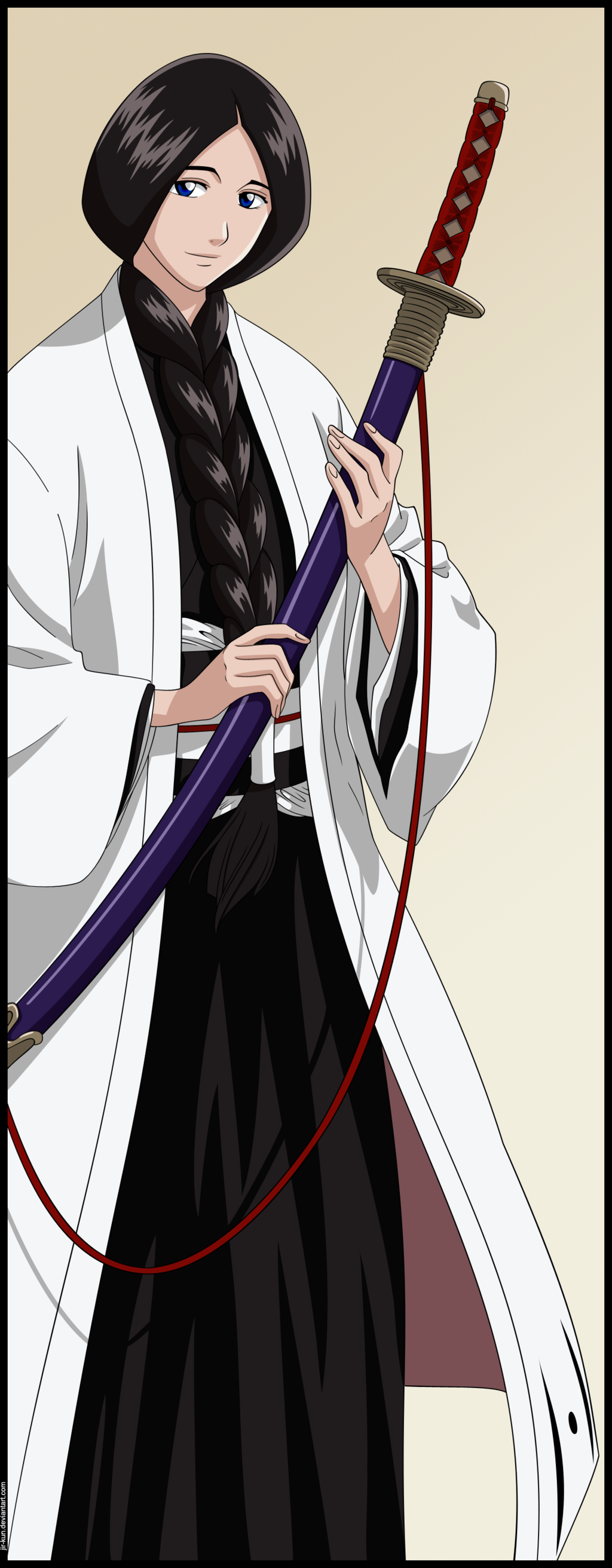 black_hair bleach blue_eyes braid front_braid front_ponytail haori highres japanese_clothes shinigami single_braid sword taichou_haori unohana_retsu vector_trace weapon