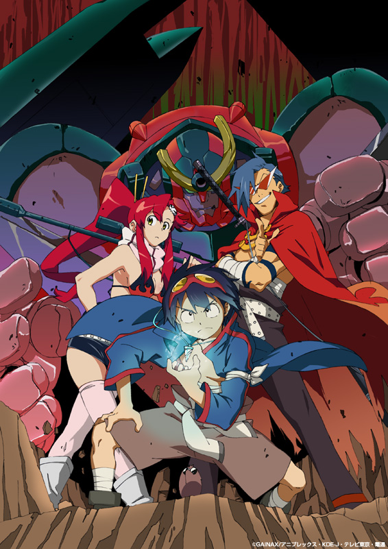 armpits bandages belt bikini_top blue_hair boota boots breasts cape chest cleavage crossed_arms drill fighting_stance frown gainaxtop glowing grin gun gurren-lagann hair_ornament jacket jewelry kamina kamina_shades knee_boots long_hair manly mecha muscle necklace official_art open_clothes open_jacket pendant pink_legwear pointing ponytail red_hair rifle sash scarf short_hair short_shorts shorts simon smile spread_legs squatting standing striped studded_belt sunglasses sunglasses_on_head tattoo tengen_toppa_gurren_lagann thighhighs torn_clothes very_long_hair watanabe_keisuke weapon yellow_eyes yoko_littner yoko_ritona zettai_ryouiki