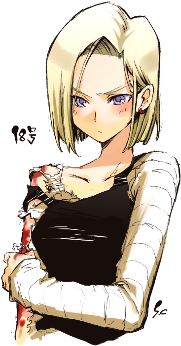 blonde_hair blood blue_eyes blush chiba_sadoru dragon_ball dragon_ball_z dragonball dragonball_z earrings face frown injury jewelry sencha short_hair solo torn_clothes