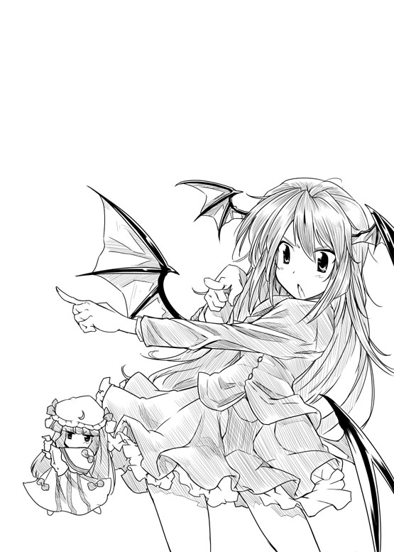 head_wings kiku_hitomoji koakuma monochrome patchouli_knowledge toru_tooru touhou