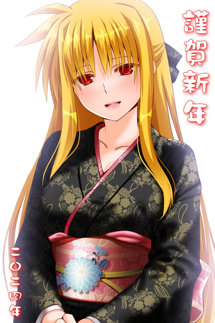 1girl blonde_hair blush breasts collarbone engo_(aquawatery) fate_testarossa hair_ribbon japanese_clothes kimono large_breasts long_hair looking_at_viewer lyrical_nanoha mahou_shoujo_lyrical_nanoha_strikers open_mouth red_eyes ribbon simple_background smile solo white_background
