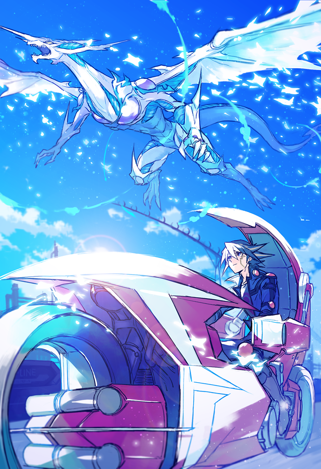 1boy black_hair blonde_hair blue_eyes blue_sky boots dragon driving duel_monster ebira facial_tattoo fudou_yuusei ground_vehicle jacket lens_flare male_focus motor_vehicle motorcycle multicolored_hair open_clothes open_jacket pants sky spiky_hair stardust_dragon streaked_hair tattoo two-tone_hair yu-gi-oh! yu-gi-oh!_5d's