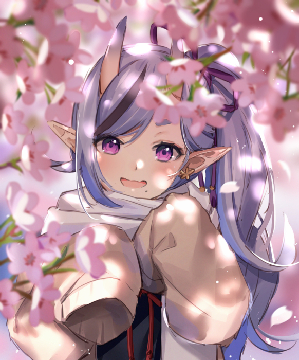 1girl cherry_blossoms dappled_sunlight douya_(233) earrings flower horns jewelry long_hair long_sleeves looking_at_viewer mole mole_under_mouth multicolored_hair nijisanji oni oni_horns open_mouth pink_eyes pointy_ears purple_hair rindou_mikoto side_ponytail sleeves_past_fingers sleeves_past_wrists smile solo sunlight upper_body virtual_youtuber