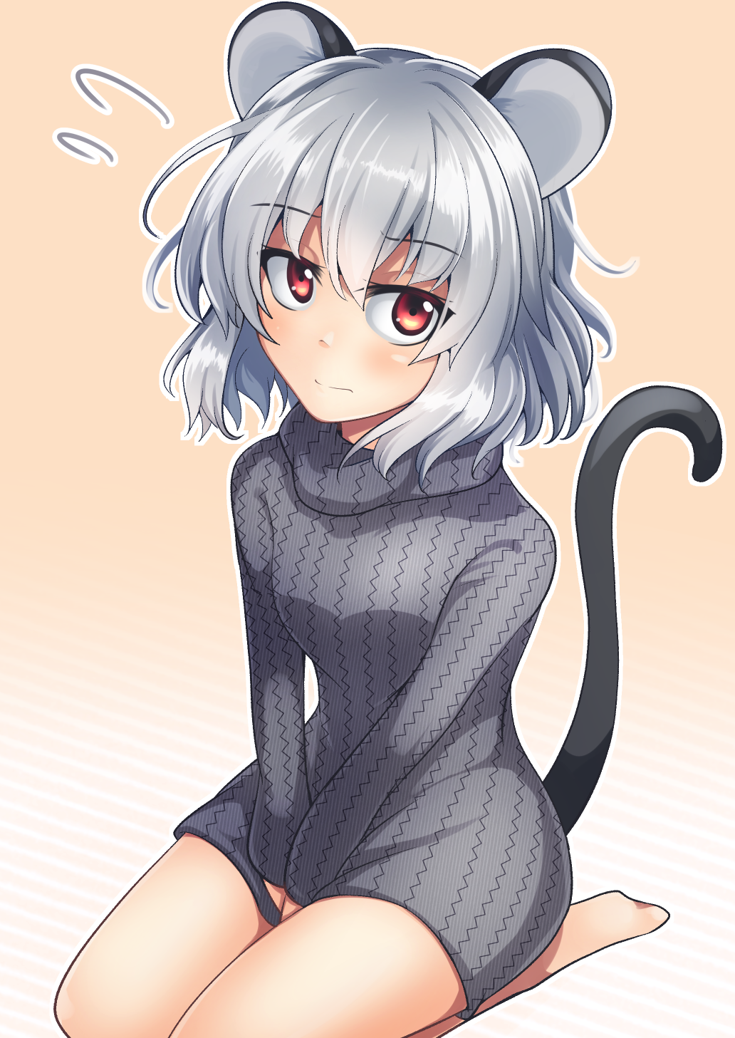 1girl animal_ears ashiroku_(miracle_hinacle) bad_feet bare_legs barefoot between_legs breasts closed_mouth eyebrows_visible_through_hair grey_hair grey_sweater hair_between_eyes hand_between_legs highres long_sleeves looking_at_viewer medium_hair mouse_ears mouse_tail nazrin red_eyes seiza sitting small_breasts solo sweater tail texture thighs touhou