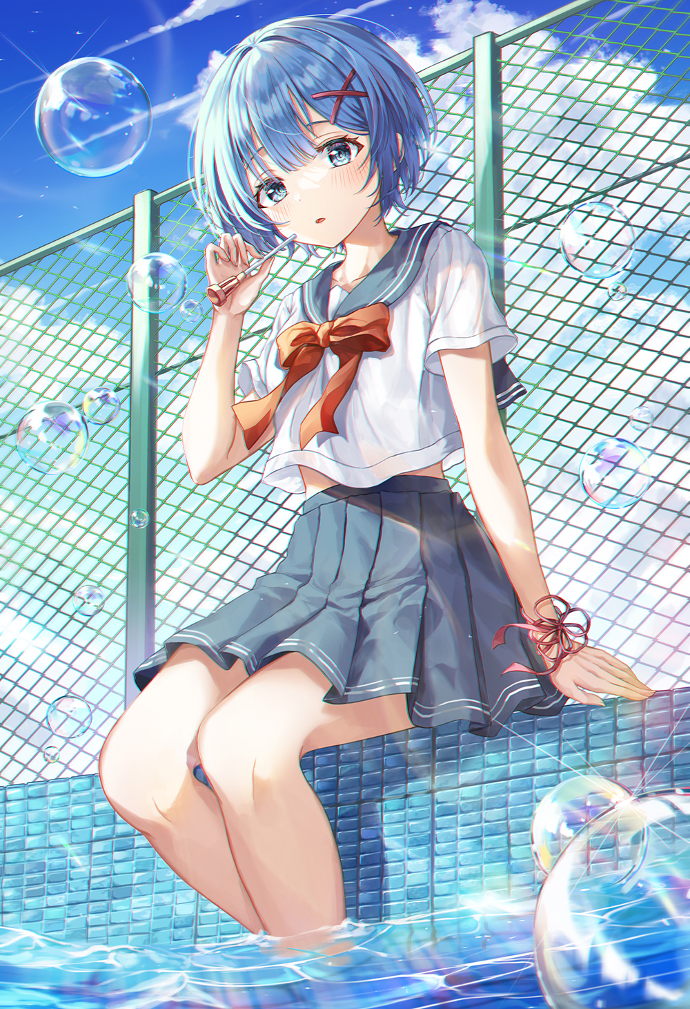 1girl :o alternate_costume bangs blue_eyes blue_hair blue_sailor_collar blush bow breasts bubble chain-link_fence collarbone commentary_request day feet_out_of_frame fence flower_knot hair_ornament hand_up highres looking_at_viewer m1yu open_mouth orange_bow outdoors pleated_skirt re:zero_kara_hajimeru_isekai_seikatsu red_ribbon rem_(re:zero) ribbon sailor_collar school school_uniform serafuku shirt short_hair short_sleeves sitting skirt soaking_feet solo summer summer_uniform uniform water white_shirt x_hair_ornament