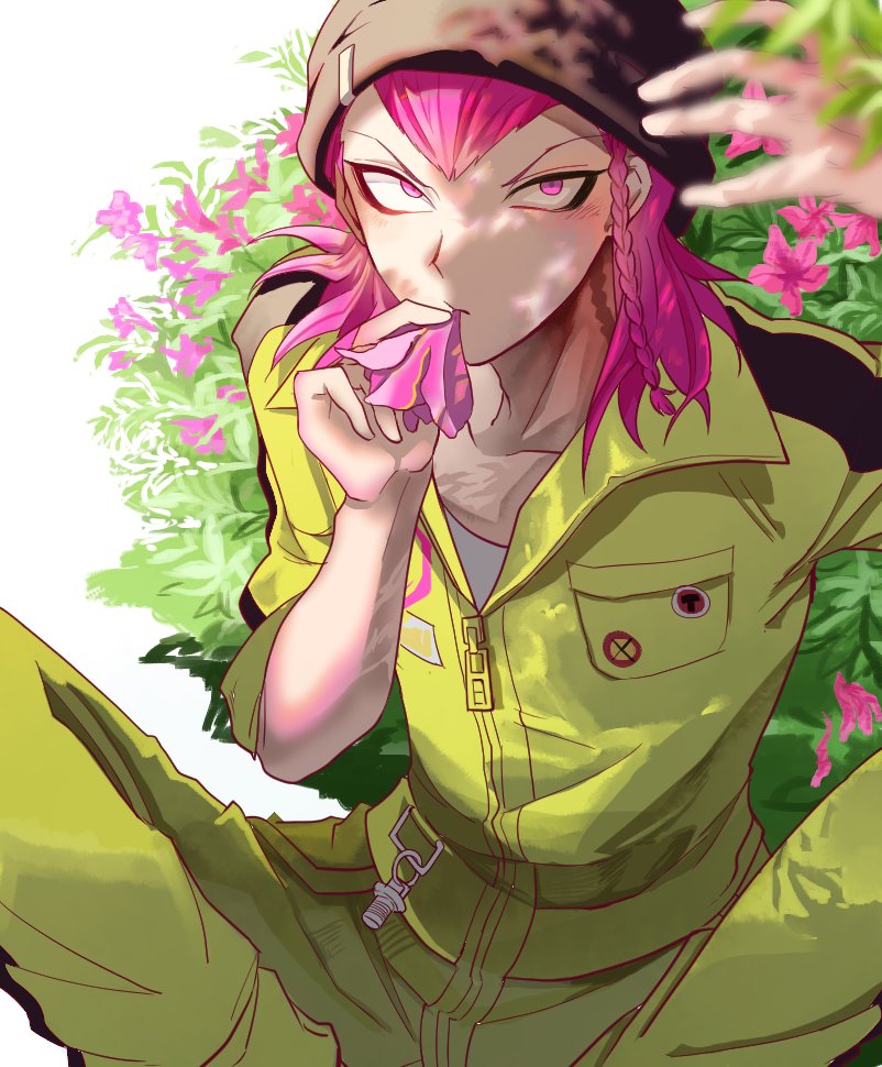 1boy bangs beanie black_headwear blurry blurry_foreground braid breast_pocket collarbone commentary_request dangan_ronpa_(series) dangan_ronpa_2:_goodbye_despair flower from_above hand_up hat holding jumpsuit looking_at_viewer male_focus medium_hair mouth_hold pink_eyes pink_flower pink_hair pocket short_hair single_braid sitting solo souda_kazuichi yamagishi-sota yellow_jumpsuit