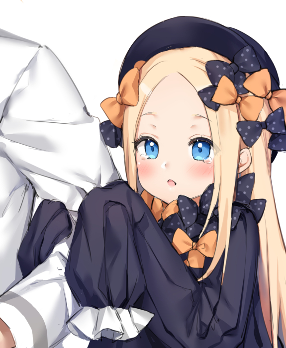 1girl 1other abigail_williams_(fate) arm_grab bangs black_bow black_dress black_headwear blonde_hair blue_eyes blush bow douya_(233) dress fate/grand_order fate_(series) forehead frilled_dress frills hair_bow hat holding_another's_arm long_hair long_sleeves open_mouth orange_bow out_of_frame parted_bangs polka_dot polka_dot_bow shirt sleeves_past_fingers sleeves_past_wrists tearing_up upper_body white_background white_shirt
