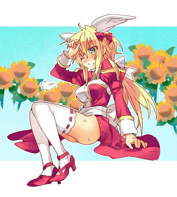 1girl =3 arutopian bangs blonde_hair blue_eyes blush bow breasts commentary_request cross dress eyebrows_visible_through_hair flower full_body hair_between_eyes hair_bow head_wings high_heels high_priest_(ragnarok_online) invisible_chair juliet_sleeves long_hair long_sleeves looking_afar medium_breasts one_eye_closed open_mouth ponytail puffy_sleeves ragnarok_online red_bow red_dress red_footwear ribbon-trimmed_sleeves ribbon_trim sash sitting solo sunflower sweat thigh-highs two-tone_dress white_bow white_dress white_legwear white_sash white_wings wings yellow_flower