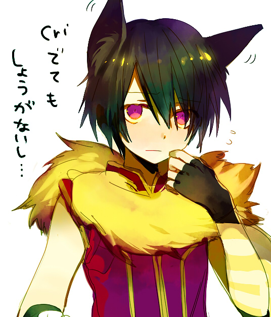 1boy animal_around_neck animal_ear_fluff animal_ears arutopian bangs black_gloves black_hair closed_mouth commentary_request detached_sleeves eyebrows_visible_through_hair eyes_visible_through_hair fingerless_gloves fox gloves hair_between_eyes looking_at_viewer male_focus professor_(ragnarok_online) ragnarok_online red_eyes red_shirt shirt short_hair simple_background sleeveless sleeveless_shirt solo striped_sleeves translation_request upper_body white_background white_sleeves yellow_sleeves