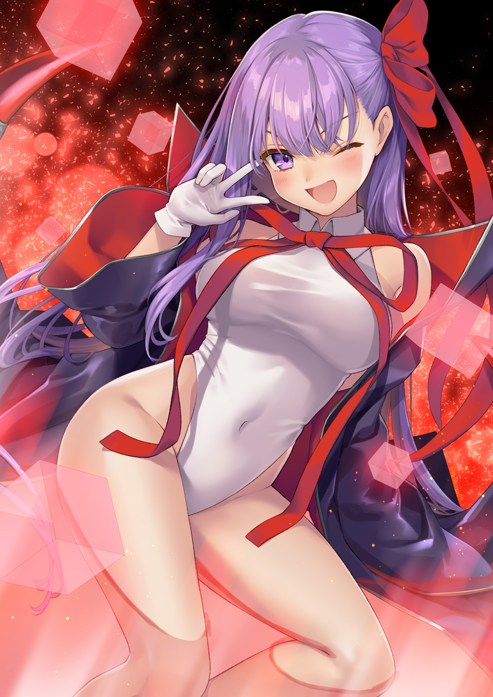 1girl bangs bare_shoulders bat_wings bb_(fate)_(all) bb_(swimsuit_mooncancer)_(fate) black_coat blush breasts coat covered_navel cube fate/grand_order fate_(series) gloves hair_ribbon highleg highleg_leotard highres large_breasts leotard long_hair looking_at_viewer ne-on neck_ribbon one_eye_closed open_clothes open_coat open_mouth popped_collar purple_hair red_ribbon ribbon smile thighs very_long_hair violet_eyes w white_gloves white_leotard wings