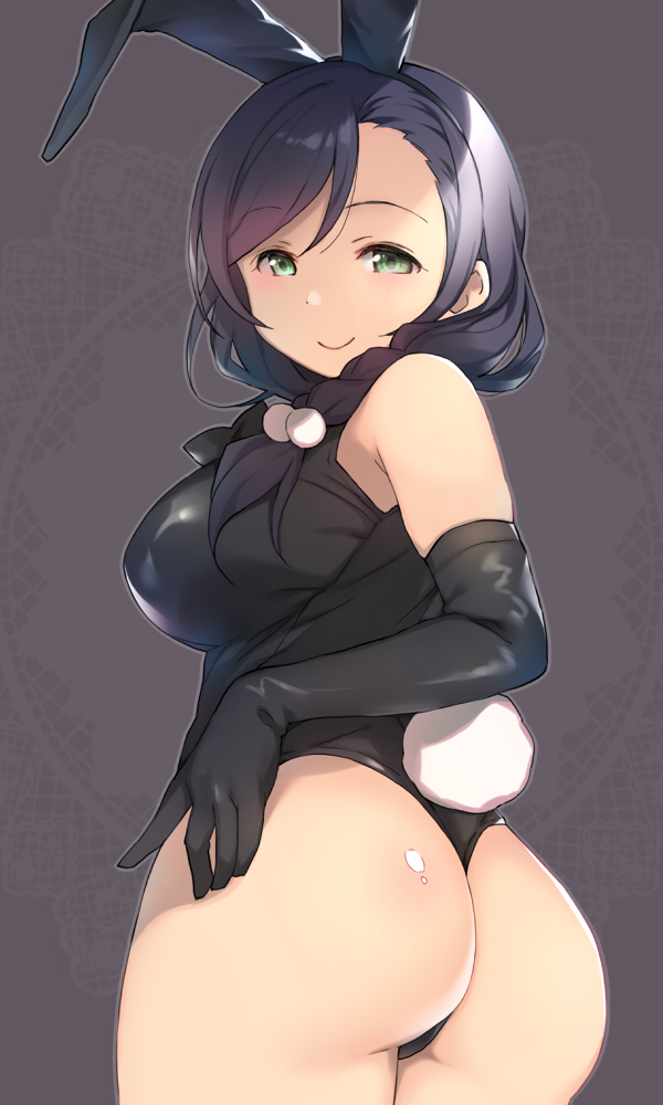1girl animal_ears ass black_gloves breasts bunny_tail closed_mouth deyuuku elbow_gloves eyebrows_visible_through_hair fake_animal_ears gloves green_eyes hair_ornament hair_scrunchie large_breasts long_hair looking_at_viewer love_live! love_live!_school_idol_project playboy_bunny rabbit_ears scrunchie smile solo tail toujou_nozomi white_scrunchie