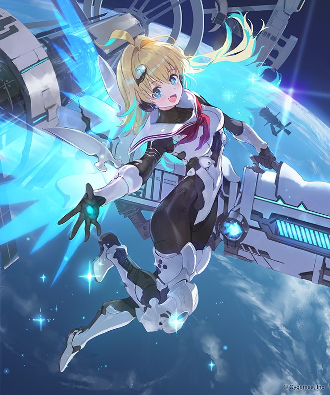 1girl ahoge blonde_hair blue_eyes commentary_request dress fang full_body hair_ornament headphones igarashi_youhei long_hair looking_at_viewer multicolored_hair official_art open_mouth planet railgun reaching_out shadowverse solo space space_station sparkle weapon
