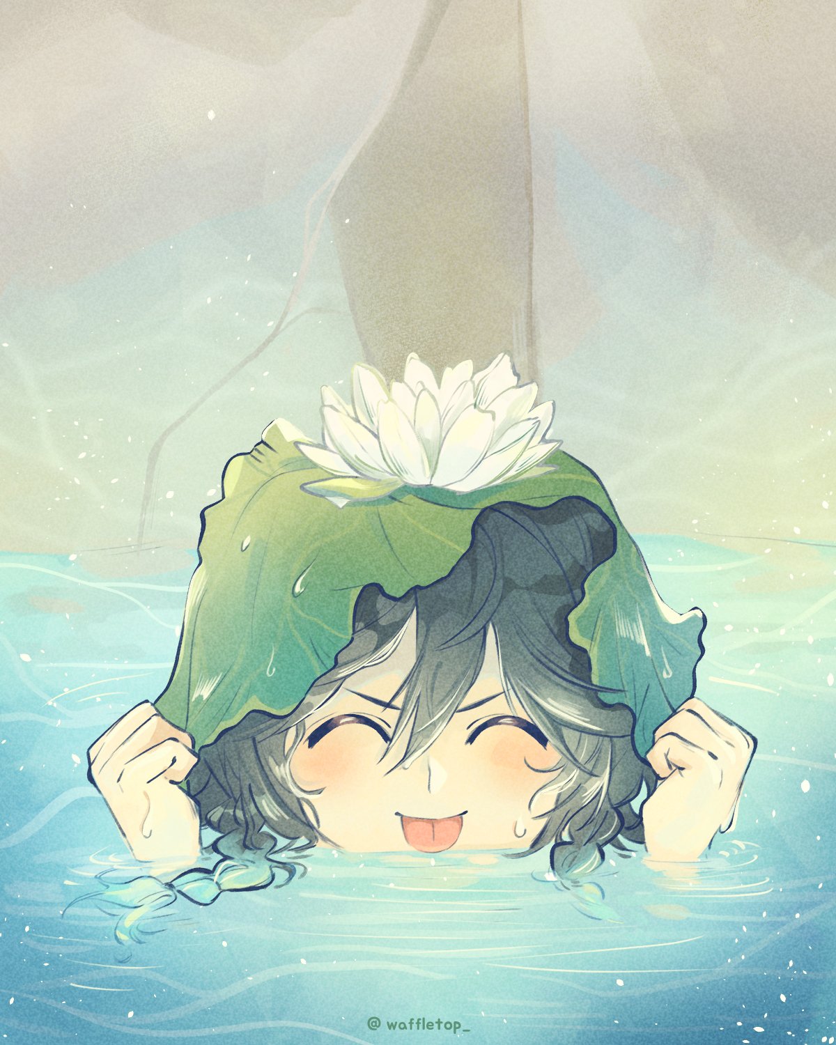1boy androgynous bangs black_hair blue_hair blush braid closed_eyes closed_mouth english_commentary facing_viewer flower genshin_impact gradient_hair hair_flower hair_ornament highres holding holding_leaf leaf male_focus multicolored_hair partially_submerged short_hair_with_long_locks smile solo tongue tongue_out twin_braids venti_(genshin_impact) waffletop water white_flower
